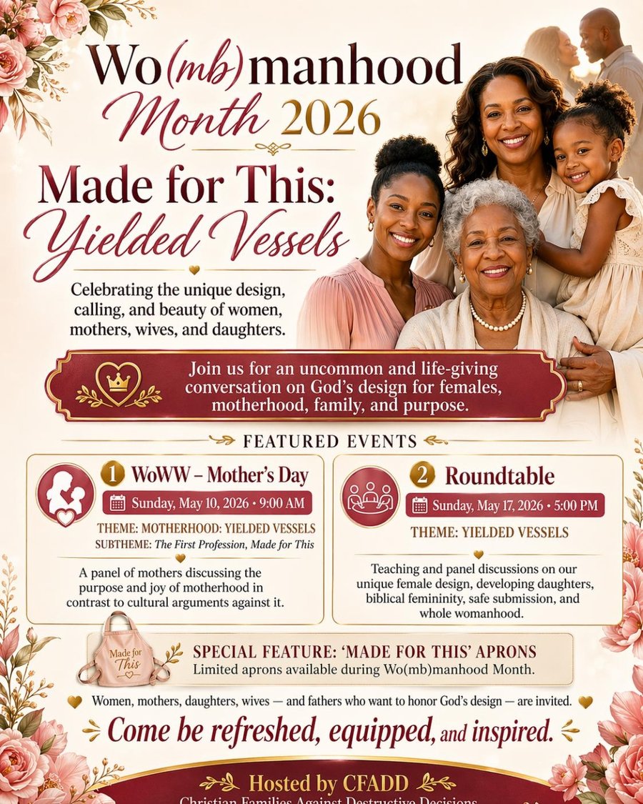 Wo(mb)manhood Month 2026 flyer — Made for This: Yielded Vessels